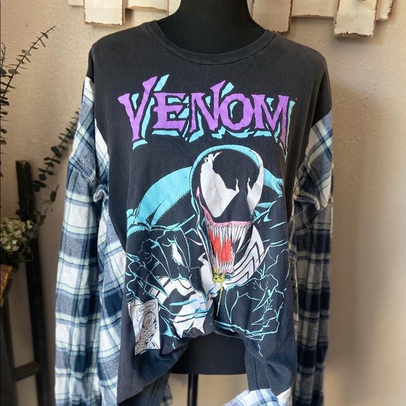Marvel Tops - 🔥SOLD🔥Marvel Venom Spider-Man Reworked Upcycled Plaid Flannel Handmade